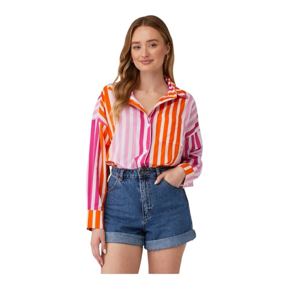 Beach Riot Alexa Resortwear Beach Shirt In Orange And Pink Stripe